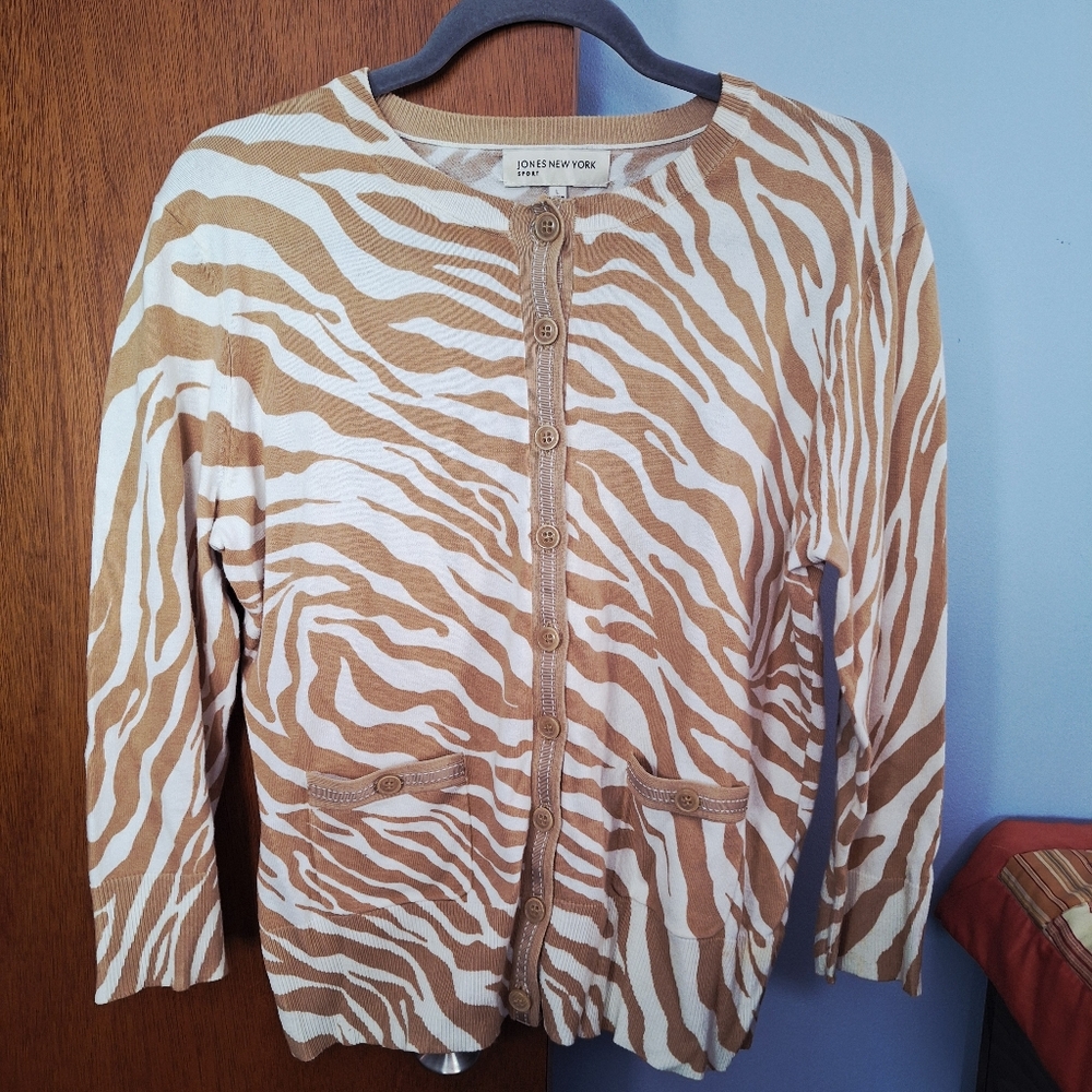 Jones New York Tan & White Striped Button Cardigan 3/4 Sleeve Women's Size L